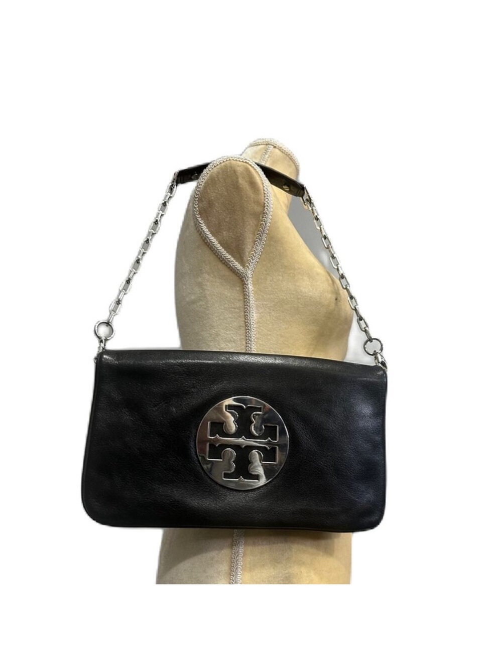 Tory Burch Black Leather Shoulder Bag with Silver Medallion